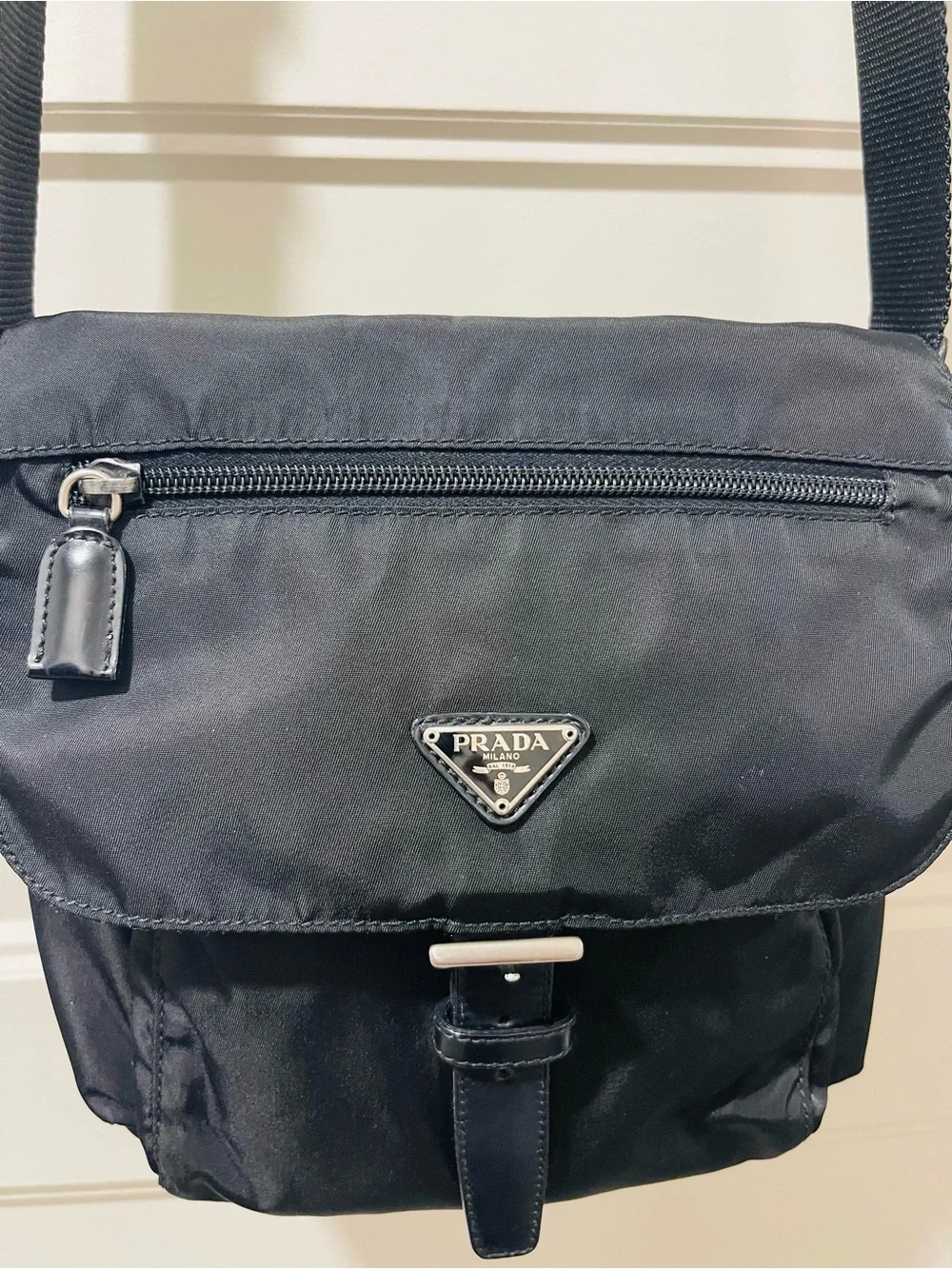 Prada Black Nylon Messenger Crossbody Bag with Silver Hardware